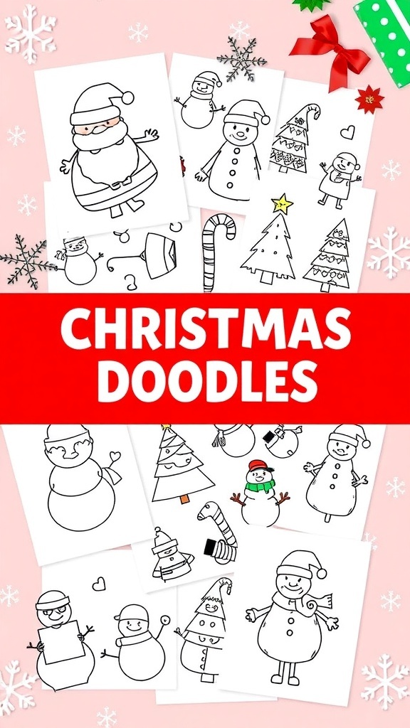 Christmas Doodles for Kids A variety of Christmas doodles for kids including Santa, trees, and snowmen, outlined for coloring.